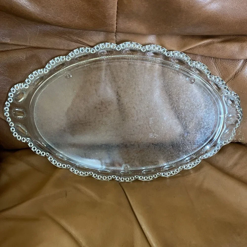 Vintage Ribbed Bubble 14.25” Glass Serving Tray Dresser Tray 💐